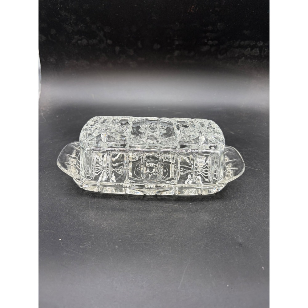 Vintage Clear Pressed Glass Butter Dish‎ with Lid Starburst Pattern Rectangular